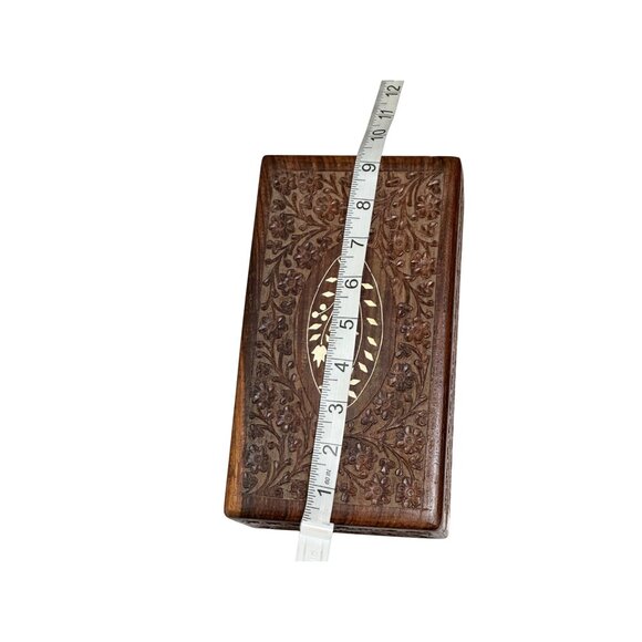 Vintage Hand-Carved Wooden Jewelry Box With Floral Inlay -Trinket Keepsake Stora - Picture 5 of 6